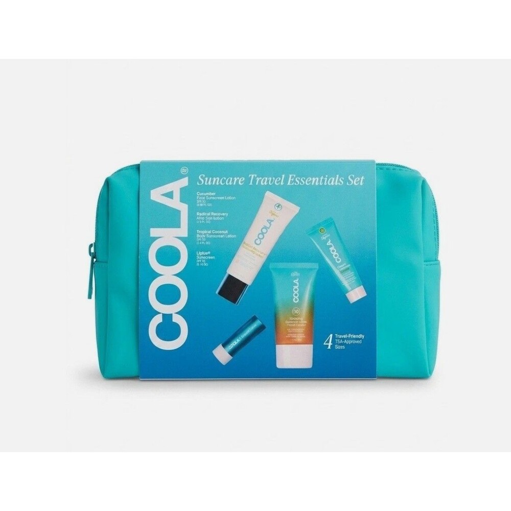 COOLA Suncare Travel Essentials Set 4pc TSA SPF 30 Kit + Pouch NEW Exp 12/2026